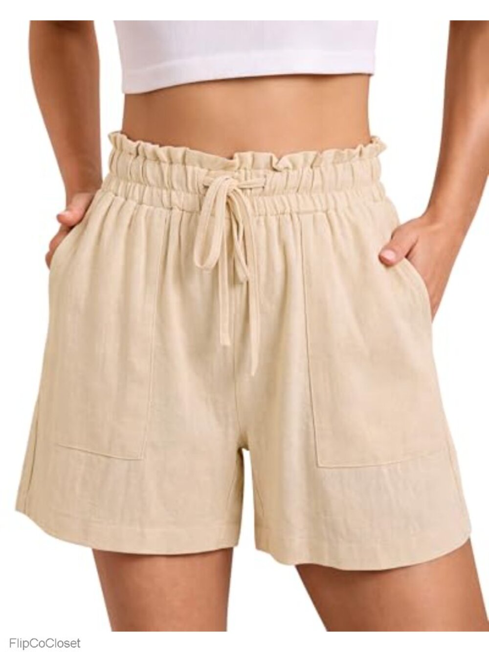 Linen Blend High Waisted Wide Leg Drawstring Shorts with Pockets